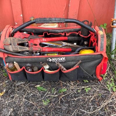 LOT 125G: Husky Tool Bag with Contents, Propane Torch, Large Wrenches and Pipe Clamps