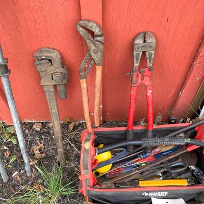 LOT 125G: Husky Tool Bag with Contents, Propane Torch, Large Wrenches and Pipe Clamps