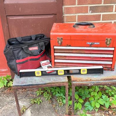 LOT 127G: Craftsman Collection - Metal Toolbox / Large Mouth Tool Bag with Contents and Stanley Level