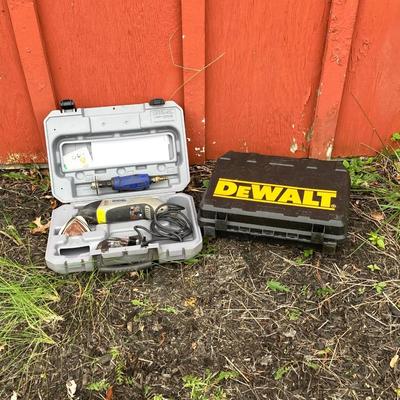 LOT 128G: Dewalt D21007 Electric Drill / Drill Bits in Cases, Dremel Multi-Max in Case and Mini Die Grinder