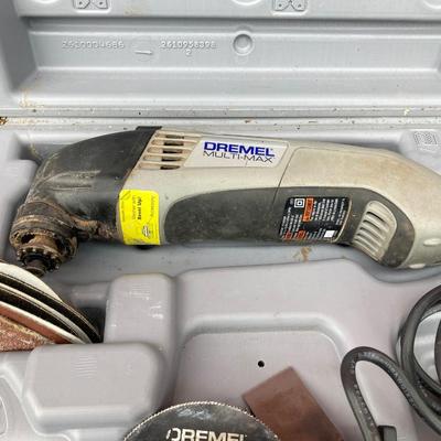 LOT 128G: Dewalt D21007 Electric Drill / Drill Bits in Cases, Dremel Multi-Max in Case and Mini Die Grinder