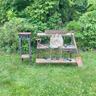LOT 130P: Outdoor / Garden Lot - Metal and Wood 3 Tier Plant / Display Shelf, Pedestal Stand, Shovel, Brass Planter, Hand Tools,...