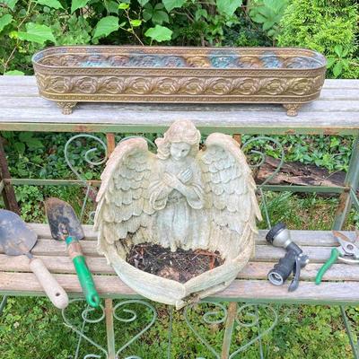 LOT 130P: Outdoor / Garden Lot - Metal and Wood 3 Tier Plant / Display Shelf, Pedestal Stand, Shovel, Brass Planter, Hand Tools,...