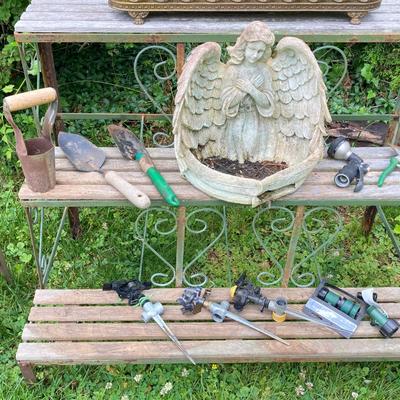 LOT 130P: Outdoor / Garden Lot - Metal and Wood 3 Tier Plant / Display Shelf, Pedestal Stand, Shovel, Brass Planter, Hand Tools,...