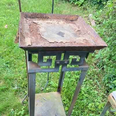 LOT 130P: Outdoor / Garden Lot - Metal and Wood 3 Tier Plant / Display Shelf, Pedestal Stand, Shovel, Brass Planter, Hand Tools,...