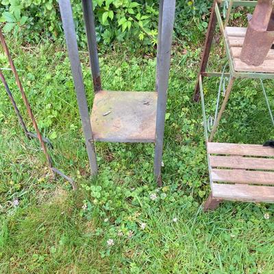 LOT 130P: Outdoor / Garden Lot - Metal and Wood 3 Tier Plant / Display Shelf, Pedestal Stand, Shovel, Brass Planter, Hand Tools,...