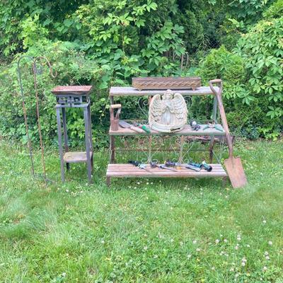 LOT 130P: Outdoor / Garden Lot - Metal and Wood 3 Tier Plant / Display Shelf, Pedestal Stand, Shovel, Brass Planter, Hand Tools,...