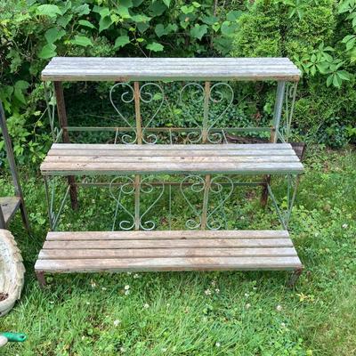 LOT 130P: Outdoor / Garden Lot - Metal and Wood 3 Tier Plant / Display Shelf, Pedestal Stand, Shovel, Brass Planter, Hand Tools,...