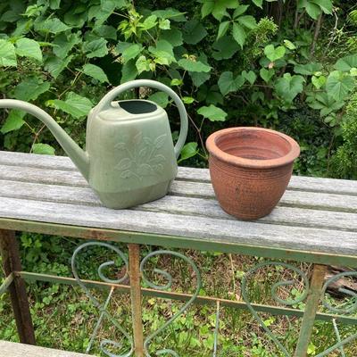 LOT 130P: Outdoor / Garden Lot - Metal and Wood 3 Tier Plant / Display Shelf, Pedestal Stand, Shovel, Brass Planter, Hand Tools,...