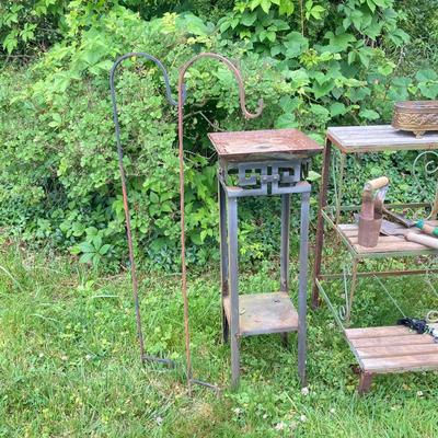 LOT 130P: Outdoor / Garden Lot - Metal and Wood 3 Tier Plant / Display Shelf, Pedestal Stand, Shovel, Brass Planter, Hand Tools,...