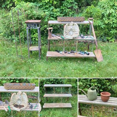 LOT 130P: Outdoor / Garden Lot - Metal and Wood 3 Tier Plant / Display Shelf, Pedestal Stand, Shovel, Brass Planter, Hand Tools,...