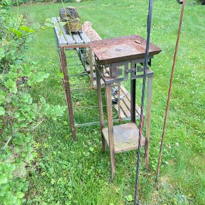 LOT 130P: Outdoor / Garden Lot - Metal and Wood 3 Tier Plant / Display Shelf, Pedestal Stand, Shovel, Brass Planter, Hand Tools,...