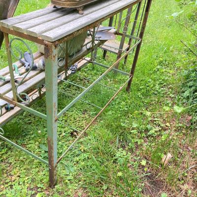 LOT 130P: Outdoor / Garden Lot - Metal and Wood 3 Tier Plant / Display Shelf, Pedestal Stand, Shovel, Brass Planter, Hand Tools,...