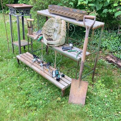 LOT 130P: Outdoor / Garden Lot - Metal and Wood 3 Tier Plant / Display Shelf, Pedestal Stand, Shovel, Brass Planter, Hand Tools,...