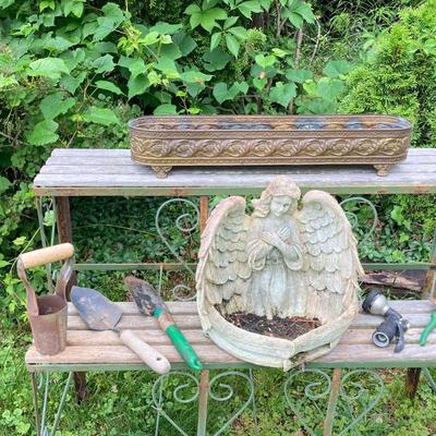 LOT 130P: Outdoor / Garden Lot - Metal and Wood 3 Tier Plant / Display Shelf, Pedestal Stand, Shovel, Brass Planter, Hand Tools,...