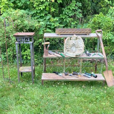 LOT 130P: Outdoor / Garden Lot - Metal and Wood 3 Tier Plant / Display Shelf, Pedestal Stand, Shovel, Brass Planter, Hand Tools,...
