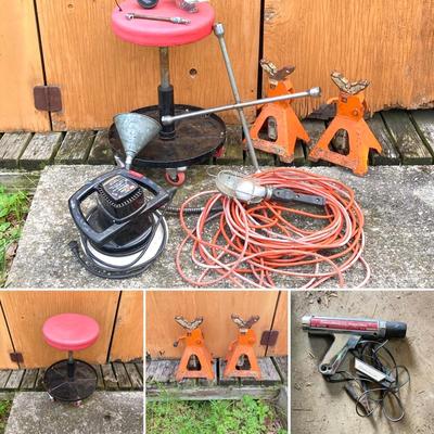 LOT 131S: Automotive Lot - Rolling Seat, Stands, Car Waxer, Hanging Light / Power Cord, Funnel, Sun Inductive Timing Light Model 7501 and...