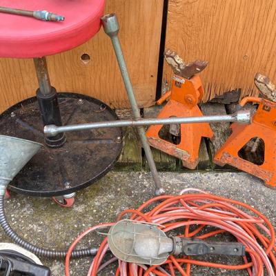 LOT 131S: Automotive Lot - Rolling Seat, Stands, Car Waxer, Hanging Light / Power Cord, Funnel, Sun Inductive Timing Light Model 7501 and...