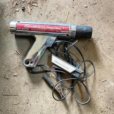 LOT 131S: Automotive Lot - Rolling Seat, Stands, Car Waxer, Hanging Light / Power Cord, Funnel, Sun Inductive Timing Light Model 7501 and...