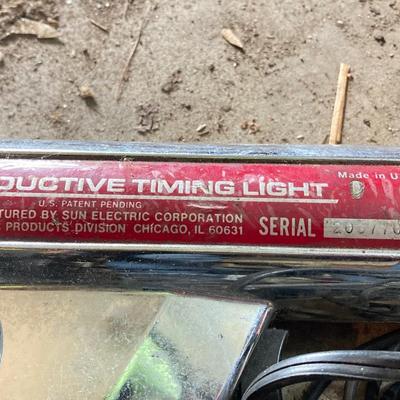 LOT 131S: Automotive Lot - Rolling Seat, Stands, Car Waxer, Hanging Light / Power Cord, Funnel, Sun Inductive Timing Light Model 7501 and...