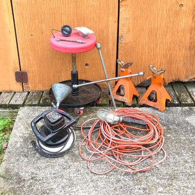LOT 131S: Automotive Lot - Rolling Seat, Stands, Car Waxer, Hanging Light / Power Cord, Funnel, Sun Inductive Timing Light Model 7501 and...