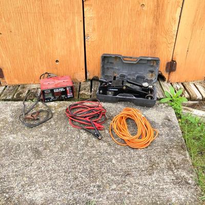 LOT 132S: Century Model 87151 Battery Charger, Husky Jack in Case, Jumper Cables and Power Cord