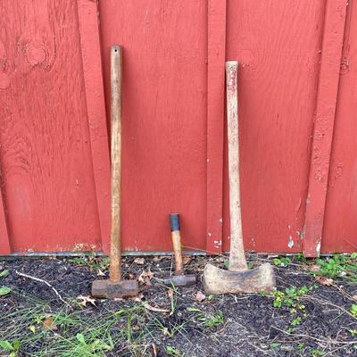 LOT 135G: Axe, Sledge Hammer, Clamps with Electrical Power Cords and More