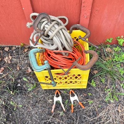 LOT 135G: Axe, Sledge Hammer, Clamps with Electrical Power Cords and More