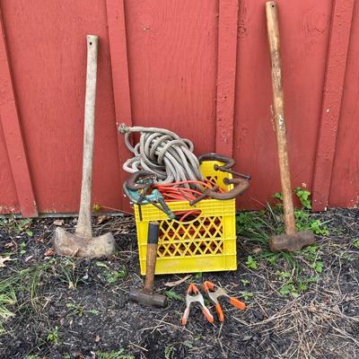 LOT 135G: Axe, Sledge Hammer, Clamps with Electrical Power Cords and More