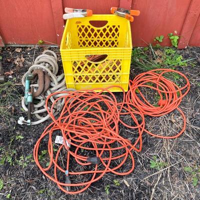 LOT 135G: Axe, Sledge Hammer, Clamps with Electrical Power Cords and More