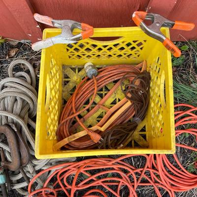 LOT 135G: Axe, Sledge Hammer, Clamps with Electrical Power Cords and More