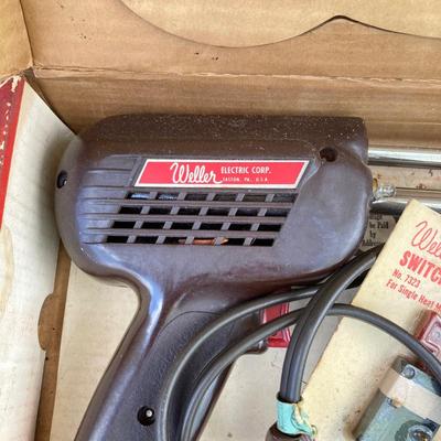LOT 139G: Vintage Tools - Power House Sabre Jig Saw, Weller Soldering Gun, Soldering Kit, Saw Blades in Wood Storage Box and More