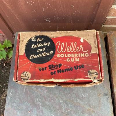 LOT 139G: Vintage Tools - Power House Sabre Jig Saw, Weller Soldering Gun, Soldering Kit, Saw Blades in Wood Storage Box and More