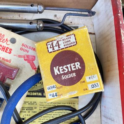 LOT 139G: Vintage Tools - Power House Sabre Jig Saw, Weller Soldering Gun, Soldering Kit, Saw Blades in Wood Storage Box and More