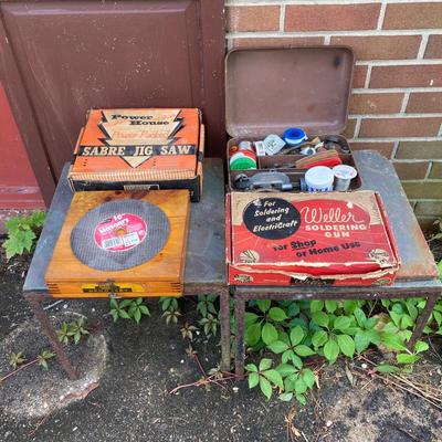 LOT 139G: Vintage Tools - Power House Sabre Jig Saw, Weller Soldering Gun, Soldering Kit, Saw Blades in Wood Storage Box and More