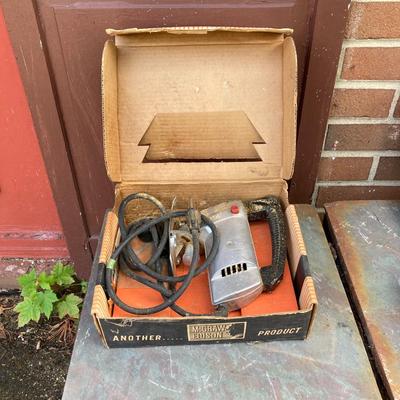 LOT 139G: Vintage Tools - Power House Sabre Jig Saw, Weller Soldering Gun, Soldering Kit, Saw Blades in Wood Storage Box and More