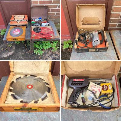LOT 139G: Vintage Tools - Power House Sabre Jig Saw, Weller Soldering Gun, Soldering Kit, Saw Blades in Wood Storage Box and More
