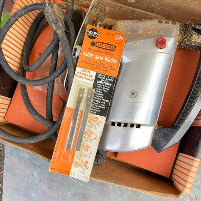 LOT 139G: Vintage Tools - Power House Sabre Jig Saw, Weller Soldering Gun, Soldering Kit, Saw Blades in Wood Storage Box and More