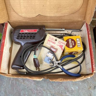 LOT 139G: Vintage Tools - Power House Sabre Jig Saw, Weller Soldering Gun, Soldering Kit, Saw Blades in Wood Storage Box and More