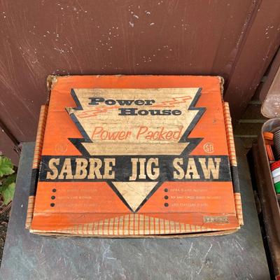 LOT 139G: Vintage Tools - Power House Sabre Jig Saw, Weller Soldering Gun, Soldering Kit, Saw Blades in Wood Storage Box and More