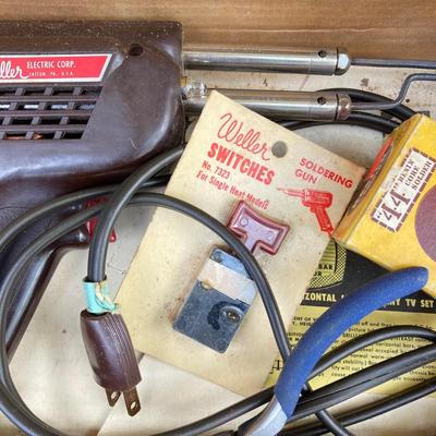 LOT 139G: Vintage Tools - Power House Sabre Jig Saw, Weller Soldering Gun, Soldering Kit, Saw Blades in Wood Storage Box and More