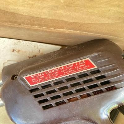 LOT 139G: Vintage Tools - Power House Sabre Jig Saw, Weller Soldering Gun, Soldering Kit, Saw Blades in Wood Storage Box and More