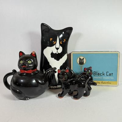 LOT 143L: Black Cat Collection: Vintage Virginia Cigarette Box, Teapot, Vase & More