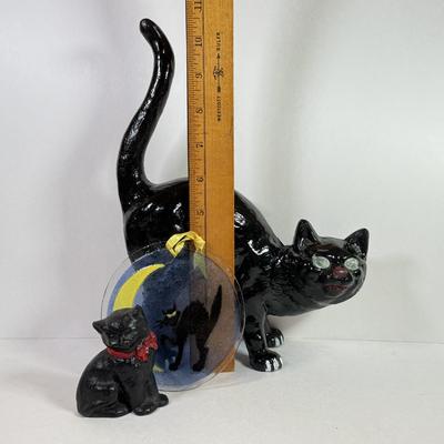 LOT 144L: Vintage Cast Iron Black Cat w/ Small Metal Cat & Glass Cat w/ Moon Disc