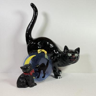LOT 144L: Vintage Cast Iron Black Cat w/ Small Metal Cat & Glass Cat w/ Moon Disc