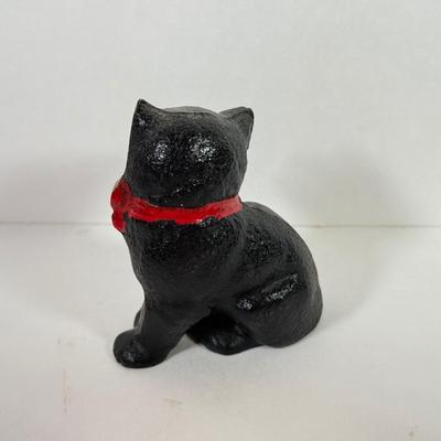 LOT 144L: Vintage Cast Iron Black Cat w/ Small Metal Cat & Glass Cat w/ Moon Disc