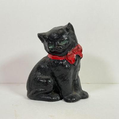 LOT 144L: Vintage Cast Iron Black Cat w/ Small Metal Cat & Glass Cat w/ Moon Disc