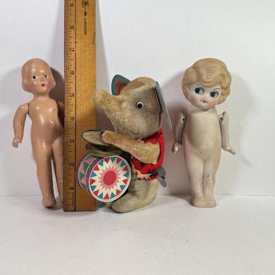 LOT 146L: 1960s Elephant One Man Band Wind Up Toy, Vintage Ceramic Doll made in Japan & Composite Mini Doll