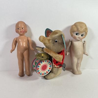 LOT 146L: 1960s Elephant One Man Band Wind Up Toy, Vintage Ceramic Doll made in Japan & Composite Mini Doll