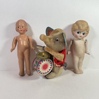 LOT 146L: 1960s Elephant One Man Band Wind Up Toy, Vintage Ceramic Doll made in Japan & Composite Mini Doll
